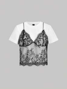 SHEIN MOD 2pcs Summer White And Brown Casual Lace Spliced Round Neck Short Sleeve T-Shirt (2 In 1),Crop Top White Top Y2k Clothes Y2K Top Summer Tops Crop Top Graphic Sleeveless Graphic Tee Lace Tops Date Night Tops See Through Tops - Multicolor - View 6