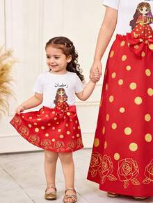 Baby Girl Spring/Summer 2-Piece Set: Cute Cartoon Girl Print Knit Round Neck Short Sleeve T-Shirt And Faux Foil Rose Floral Polka Dot Print Pleated Hem Skirt, Burgundy - Burgundy - View 3