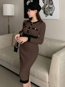 DAZY 女士优雅撞色圆领纽扣装饰针织连衣裙，秋冬款 - 棕色 - 查看 4