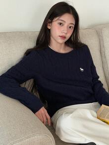 DAZY Teen GirlLoose Casual Basic Crew Neck Sweater With Embroidery Pattern, Autumn - Navy Blue - View 2