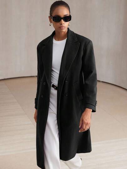 Aveloria Modichic 女士休闲简约纯色尖领双排扣斜插口袋长款大衣，秋冬款