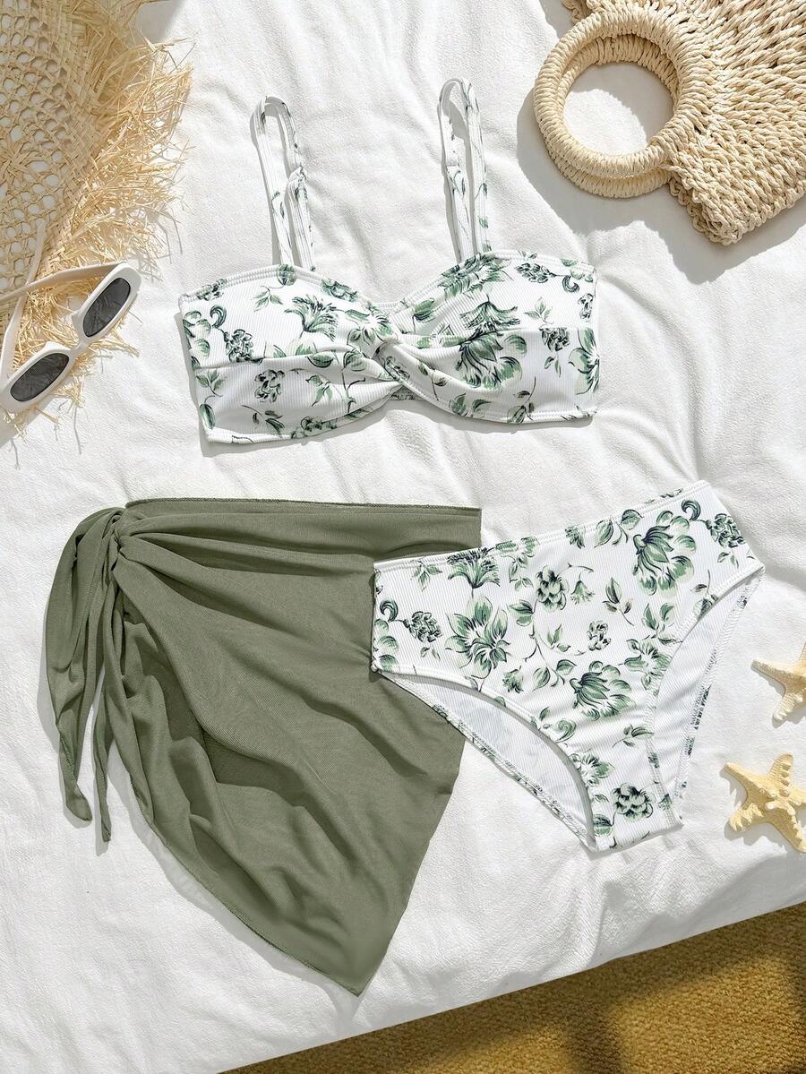 SHEIN Teen Girls Bikini Sets For Vacation, Featuring A Military Green White Background And A Military Green Floral Pattern Knit Fabric With A Twisted Design On The Chest. It Also Comes With A Military Green Chiffon Skirt. Three Piece Fashion, Leisure, Exquisite And Gorgeous Ladies Suitable For Swimming, Suitable For Summer Vacation, Beach Beach, Swimming Pool, Summer Party, Leisure Vacation