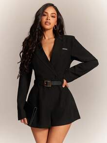 Radiana 女士时尚简约优雅现代黑色束腰连体裤，带垫肩，搭配短裤，复古风格套装，适合日常外出、办公、通勤、聚会、购物、正式场合。 - 黑色 - 查看 3