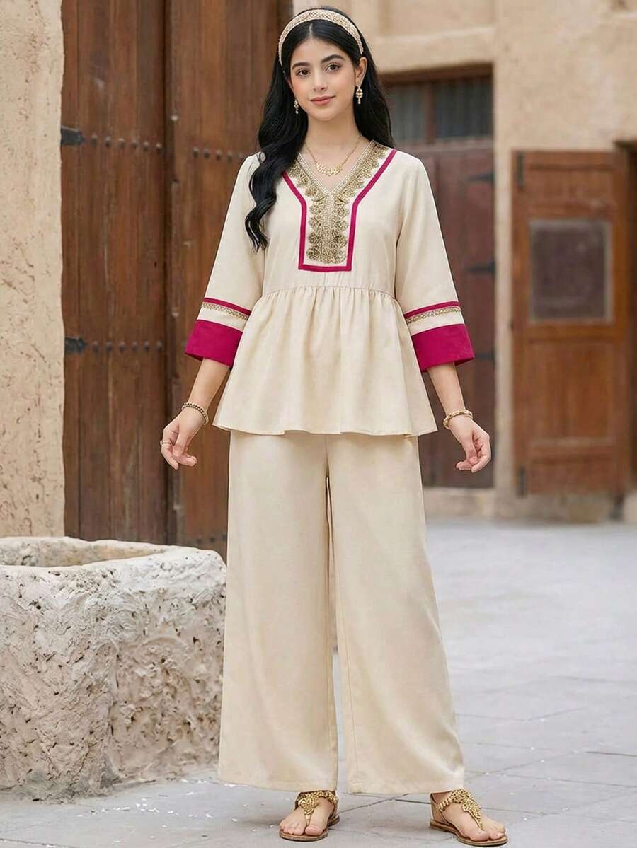 SHEIN 少女两件套宽松V领拼接花卉蕾丝边衬衫套装，适合春夏、度假穿着，粉色、杏色 - 杏色 - 查看 1