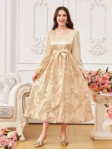 少女优雅长裙，方领长袖金色连衣裙，收腰喇叭裙摆，适合派对、休闲外出、奢华迷你礼服 - 金色 - 查看 5