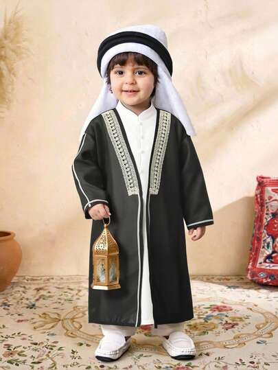 SHEIN 2-Piece Set Of Baby Boys Casual Sportswear, Retro Art And Literature, Retro With Golden Edge Woven Ribbon, Long Open Cardigan And Shirt Robe, Cost-Effective Set Suitable For Kids Outfits, Baby Boy Clothes, Back To School Boys Set, Suitable For Birthday Parties, Evening Parties, Performances, Weddings, Christenings, School Openings, Daily Life, Suitable For School, Suitable For Travel, Suitable For Spring And Summer Baby Boy Arab Dress
