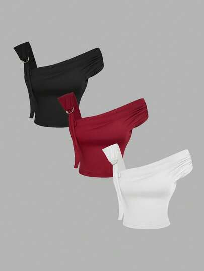 SHEIN MOD 3 piezas Blusas de hombro asimétrico para mujer para festivales de música de verano