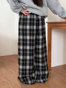 Dazy Kids Teen Girl Drawstring Waist Pockets Plaid Casual Versatile Wide Leg Pants, Suitable For Daily Wear - Black - View 6