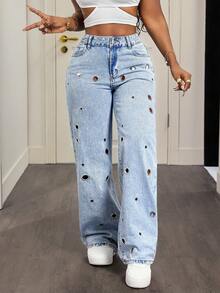 Slaydiva Quần jeans nữ màu trơn, tối giản, kiểu dáng thời trang rách nhẹ, thích hợp mặc hàng ngày. - Màu xanh lam - Xem 3