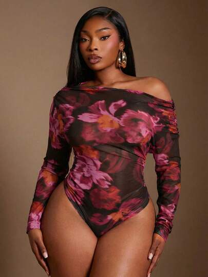 SHEIN SXY Mono de mujer talla grande de primavera y verano, elegante, sexy, básico, minimalista, de moda casual, de malla transparente con estampado floral asimétrico, adecuado para uso diario, vestimenta de crucero, festivales de música, conciertos, fiestas de carnaval