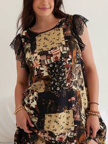 Freevana 大码夏季休闲撞色蕾丝连衣裙 女式碎花连衣裙 复古女装 乡村蕾丝波西米亚风女装 夏季度假装 海滩度假装 - 黑色 - 查看 3