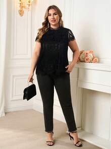 SHEIN Clasi Plus Size Elegant Lace Patchwork Chiffon Blouse, Summer Evening Formal Black Tops - Black - View 6