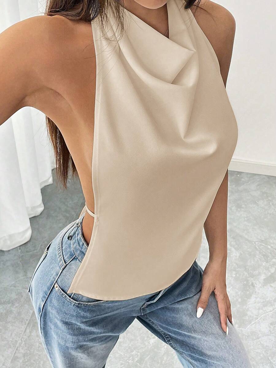 Flirla Sleeveless Backless Solid Color Elegant Summer Tank Top - Apricot - View 1