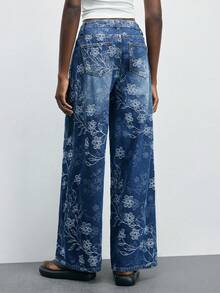 Maija 女士高腰印花口袋阔腿宽松休闲牛仔裤 - 中等水洗藍 - 查看 4