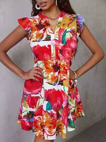 Eryvara 女士碎花V领荷叶袖休闲连衣裙 - 彩色 - 查看 4