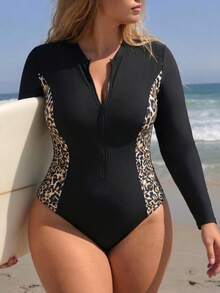 Swim SPRTY 大码纯色拼接豹纹动物印花拉链长袖简约性感时尚休闲夏季沙滩度假连体泳衣 - 彩色 - 查看 1
