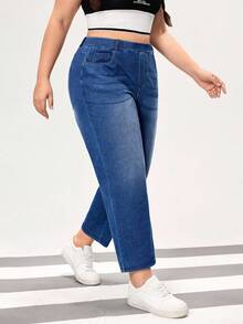 Flexra Plus Size Women Elastic Slant Pocket Vintage Wash Casual Jeans - Dark Wash - View 3