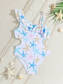 小女孩可爱针织海星印花不对称领口吊带海洋风连体泳衣 - 彩色 - 查看 1