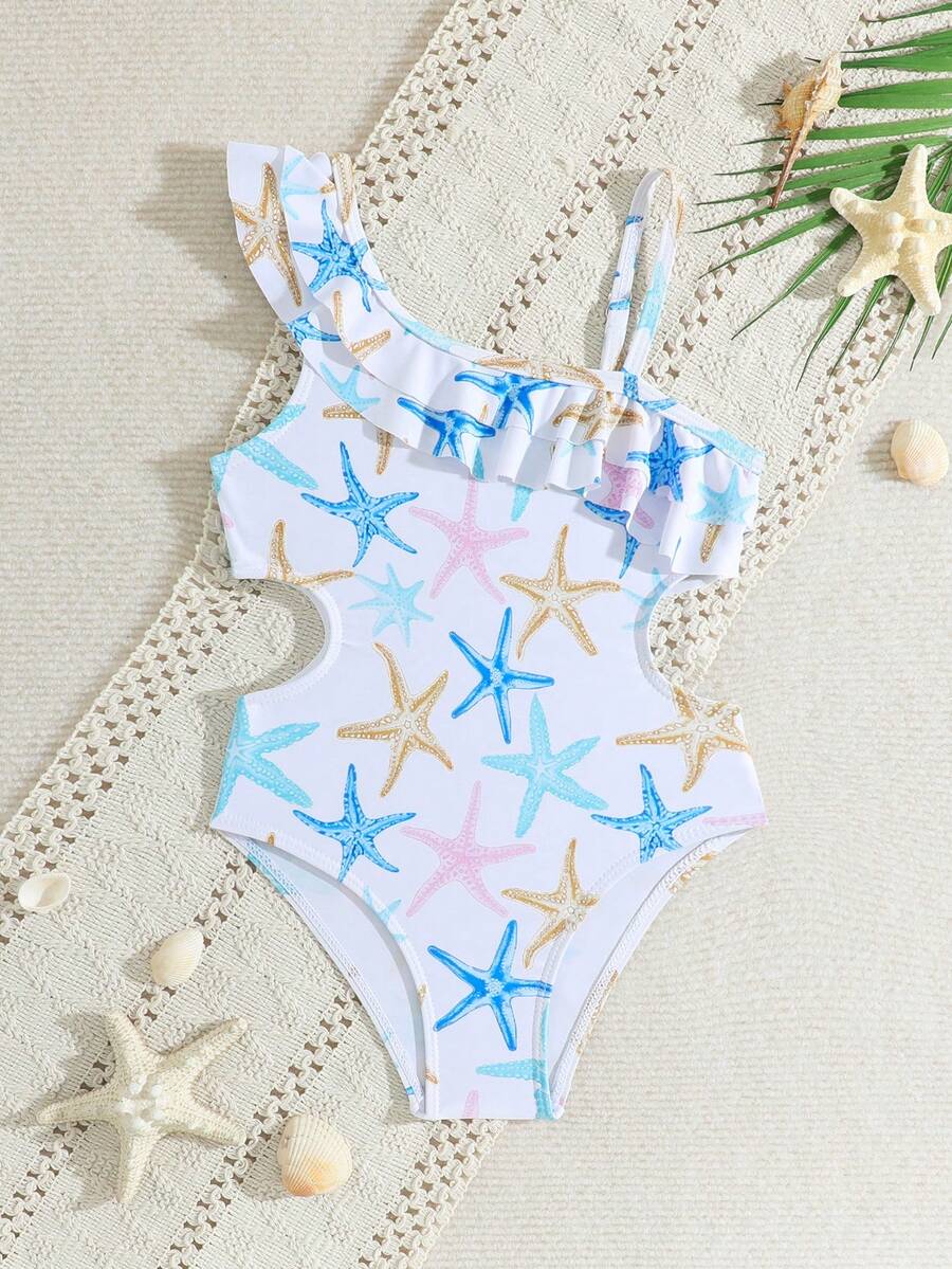 小女孩可爱针织海星印花不对称领口吊带海洋风连体泳衣 - 彩色 - 查看 1