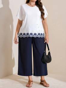 Comfylo 大码休闲通勤花卉刺绣衬衫和裤子套装 - 藏蓝色 - 查看 5