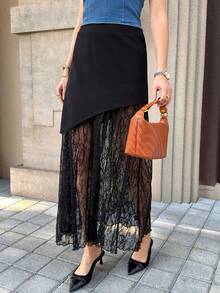 Solivie Women's Elegant Commuter Lace Patchwork Skirt - Black - View 4