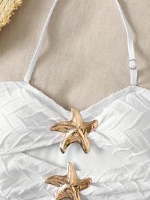 Tween Girl White One-Piece Swimsuit,Knit Textured Fitted Bathing Suit With Starfish Decor,Detachable Straps,Summer Beach Pool Party Vacation Holiday - Apricot - View 3