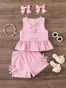 Babygirl Cute Summer Casual Red Plaid Bow Sleeveless Top And Elastic Waist Shorts Set - Multicolor - View 2