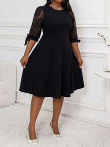 SHEIN Lady Plus Size Lace Patchwork Round Neck Elegant Dress Plus Size Black Elegant Dress Black Elegant Dress Curve Half Sleeve Dress Black Church Dress Maweii Plus Size Dress - Black - View 5