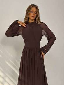 Aloruh 咖啡色立领长袖喇叭下摆连衣裙，秋冬款 - 咖啡棕 - 查看 6