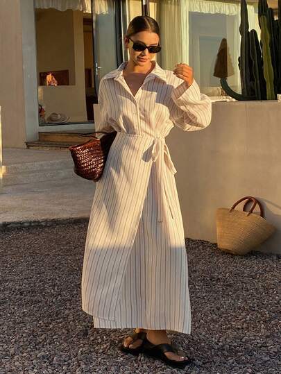 Livesso Spring & Summer Loose Business Casual Vacation Style Fashion Office Wear Street Textured Striped 2 In 1 Waist Tie Wrap Design Long Shirt Dress For Women