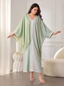 Al Najma Abito lungo casual da donna con scollo a V ricamato e orlo ondulato, stile arabo ampio - Verde - Visualizzare 3