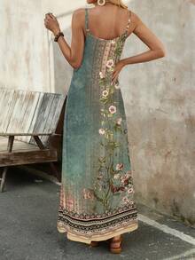 EMERY ROSE 休闲简约几何绿色佩斯利印花针织连衣裙，弹力舒适，时尚度假吊带裙，适合夏季穿着 - 彩色 - 查看 2