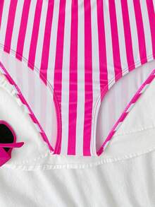 SHEIN 少女数码条纹针织面料,腰部镂空拼接设计,欧美时尚简约精致可爱连体泳衣,适合夏季、游泳、海滩穿着 - 玫紅色 - 查看 4