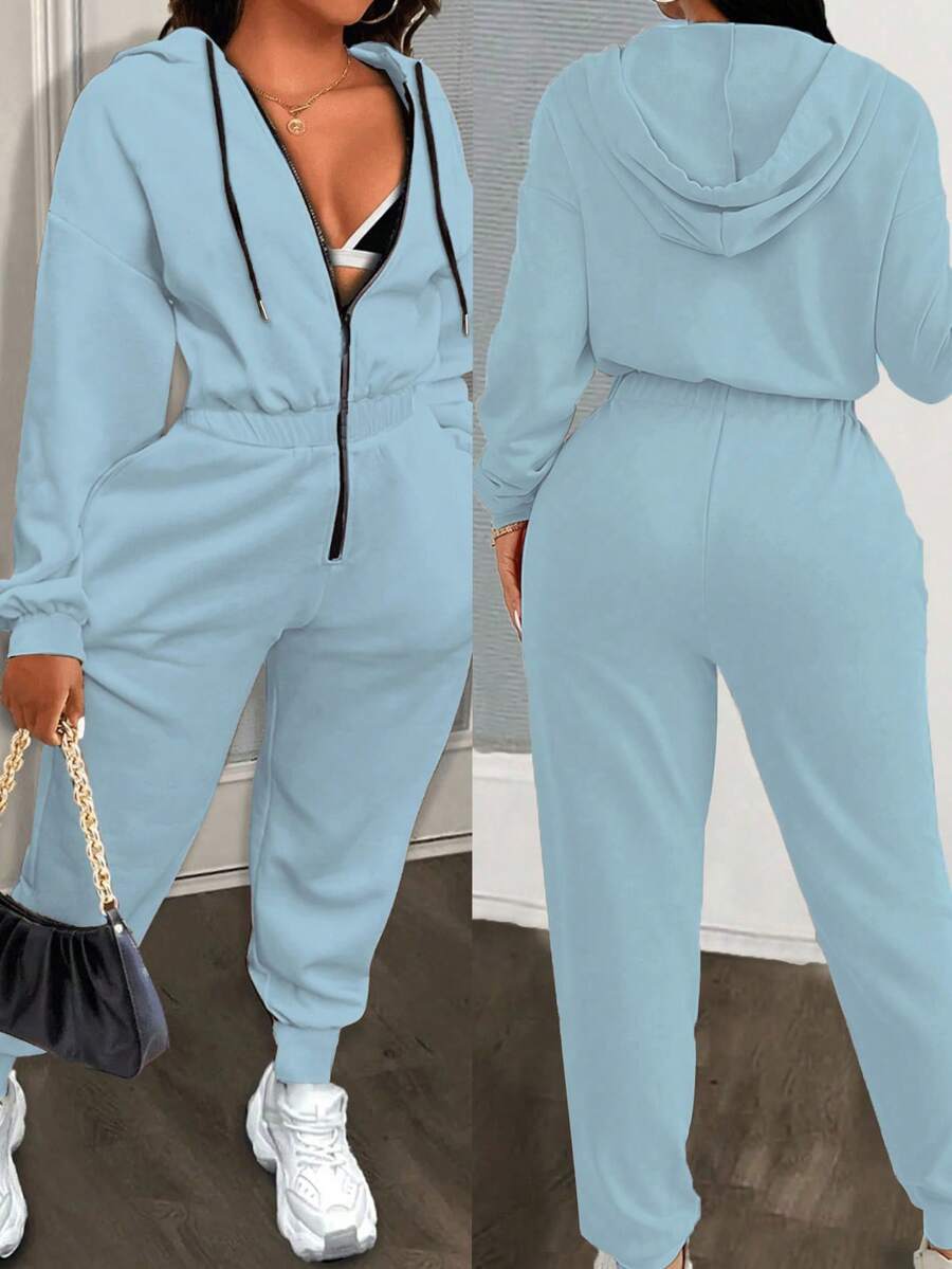 VaVaBold Contrast Color Drawstring Hooded Jumpsuit, Solid Color Minimalist Fashion Casual Everyday Wear Fall Cloth For Women - Blue - View 1