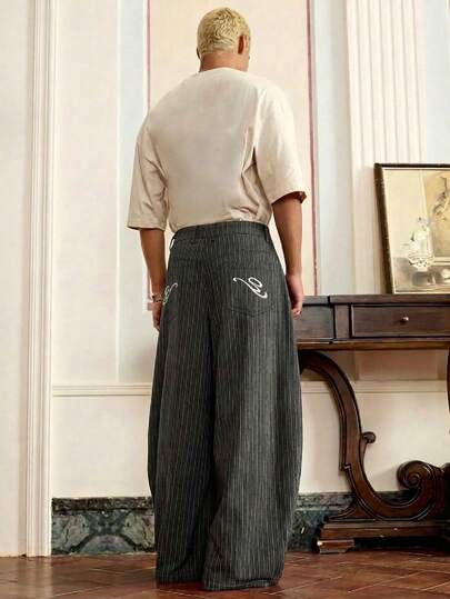  SWAVVY Men's Fashionable Casual Loose Fit Stripe Embroidered Long Pants , Fall Men Wide Leg Pants Men Baggy Wide Pants Pleated Pants Men Designer Pants Japanese Pants Barrel Pants Pinstripe Pants Linen