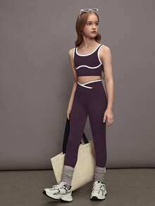 SHEIN 少女瑜伽撞色无缝运动套装健身紧身裤两件套运动两件套健身服两件套运动套装活力两件套黑色两件套运动套装 - 紫色 - 查看 4