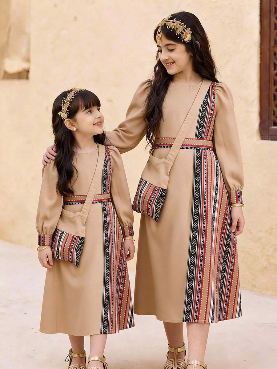 SHEIN 少女米色條紋不對稱拼接洋裝,秋季端莊婚禮賓客少女長袍 Abaya Thobes - 彩色 - 查看 1