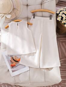 Elladie kids 女童杏色纯色简约优雅套装，褶皱蝴蝶结无袖上衣搭配宽松褶皱长裤，时尚夏季装扮 - 杏色 - 查看 2