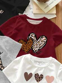 SHEIN LMoss Kids 4件套女婴休闲简约豹纹、爱心及“Mama's Girl”字母图案圆领短袖T恤，米白色，适合春夏穿着 - 彩色 - 查看 5
