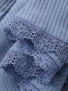 Dazy Plus 两件套睡衣，撞色蕾丝宽松短袖上衣和长裤，优雅春夏睡衣 - 藍色 - 查看 3