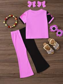 SHEIN 两件套女婴撞色卡通人像图案短袖圆领T恤和喇叭裤套装，适合春夏穿着，Y2K风格 - 彩色 - 查看 3