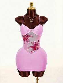 Amplova 女士印花扭结设计紧身性感吊带迷你连衣裙 - 粉色 - 查看 3