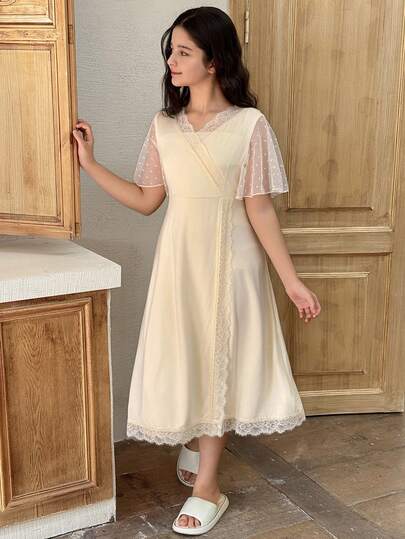 DAZY 少女优雅蕾丝拼接裹身睡袍家居服