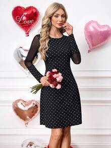 SHEIN Clasi 女士优雅波点印花网纱拼接迷你连衣裙 - 黑與白 - 查看 3