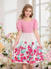 SHEIN Girls' White And Pink Elegant Square Neck Puff Sleeve Bowknot Removable Back Maxi Dress,Casual Summer Birthday Party Vacation Style Travel Beach - Multicolor - View 4