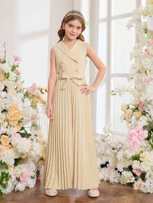 SHEIN Tween Girls Elegant Apricot Collar Double-Breasted Belted Pleated Wide Leg Jumpsuit, Suitable For Vacation, Party, Wedding, Back To School, Graduation And Other Occasions - Apricot - View 6