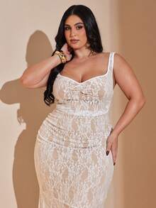 SHEIN BAE Đầm dáng ôm vừa vặn, cổ tim, đuôi cá, ren dành cho nữ cỡ lớn, thích hợp cho kỳ nghỉ, hẹn hò, tiệc tùng. - Nhiều màu - Xem 6