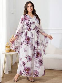 Modelyn Plus Size Women Floral Print Flare Sleeve Elegant Dress - Red Violet - View 6