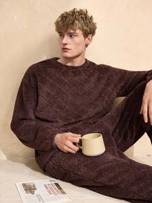 EverLounge 复古英伦风舒适休闲双面绒面提花圆领套头衫外套，适合男士居家穿着，长袖T恤