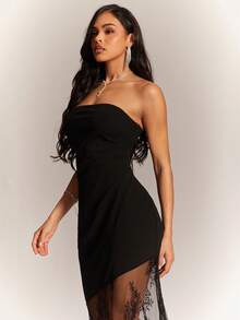 Radiana 女士性感优雅独特黑色薄纱蕾丝拼接紧身连衣裙，无肩带设计，黑色薄纱蕾丝下摆收腰连衣裙，黑色美人鱼连衣裙，适合情人节约会、夜店、派对、鸡尾酒会、晚宴、婚礼、生日、俱乐部、下午茶、日常穿着。 - 黑色 - 查看 9